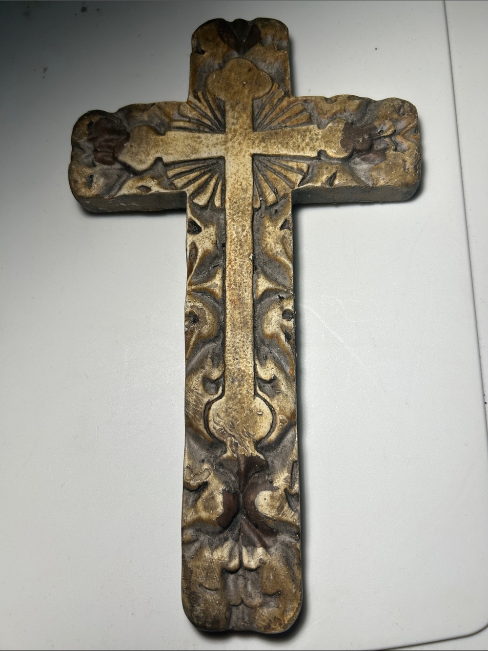 Decorative Carved Wall Cross in Antiqued Brown and Gold